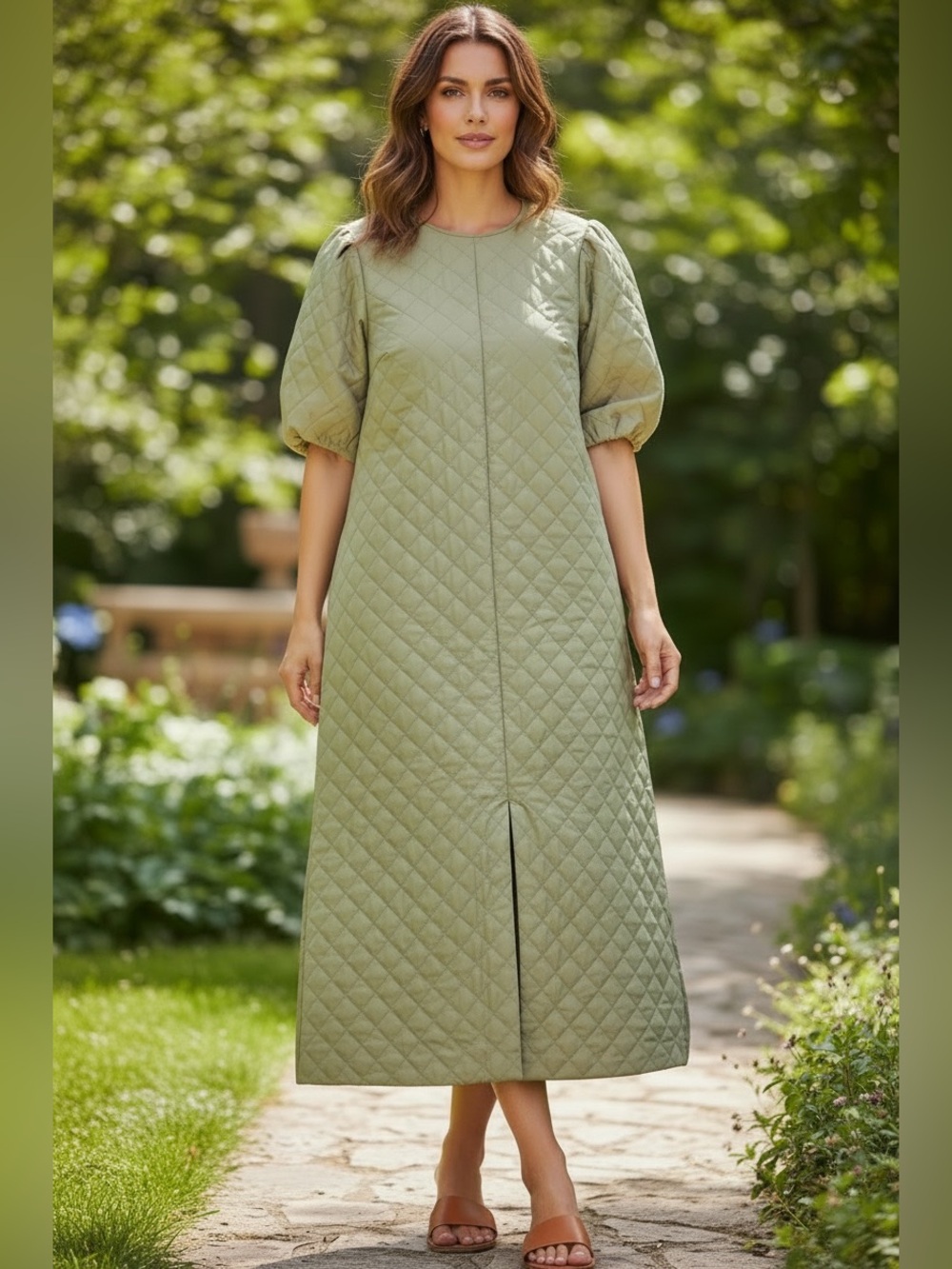NWT Hyacinth House Quilted Midi Dress with Puff Sleeves in Khaki size M
